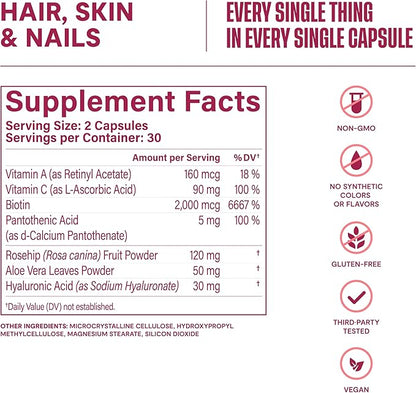 Habit Hair, Skin & Nails Supplement (60 Capsules) - New Look, Supports Skin Hydration, Hair & Nail Strength, Biotin 2000mcg, Vitamin A & C, Hyaluronic Acid, Rosehip, Vegan, Non-GMO (1 Pack)