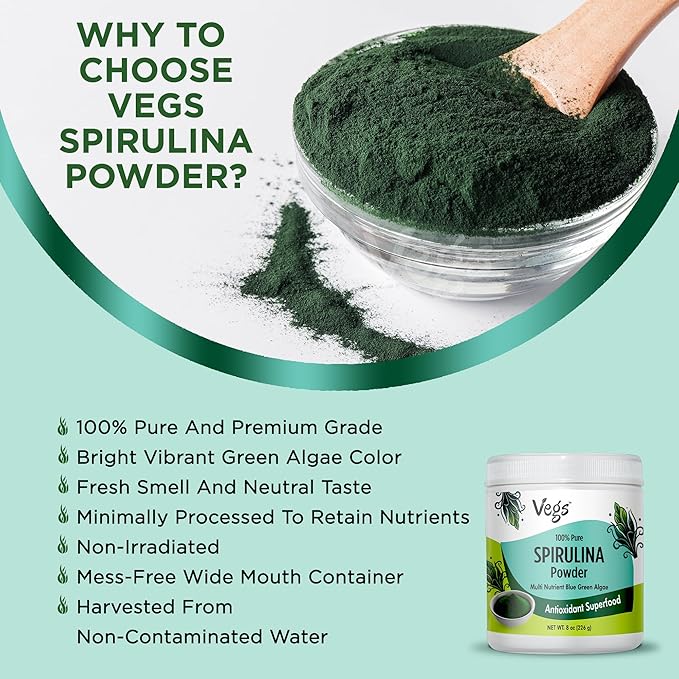 Organic Spirulina Powder - Blue Green Algae Plant-Based Superfood Blend - Antioxidant-Rich with Chlorophyll, Vitamins & Minerals for Cleansing, Energy & Immunity Support - Vegan, Non-GMO - 8 oz