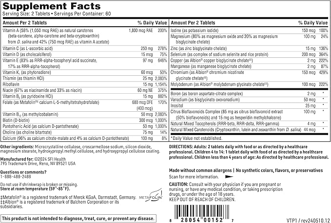 Klaire Labs SFI Health VitaPrime - Iron Free Multivitamin for Women & Men - Promote Immune Function & Support Nutritional Gaps - Two-Per-Day Multivitamin with Methyl Folate & B12 (120 Capsules)
