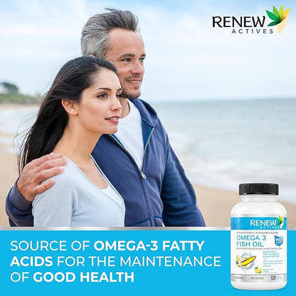 Renew Actives Omega-3 Fish Oil 2400MG per 2 Softgels - 720MG EPA & DHA - Supports Heart, Brain, Eye Health, & Triglyceride Reduction - No Fishy Aftertaste - Made in Canada - 120 Softgels
