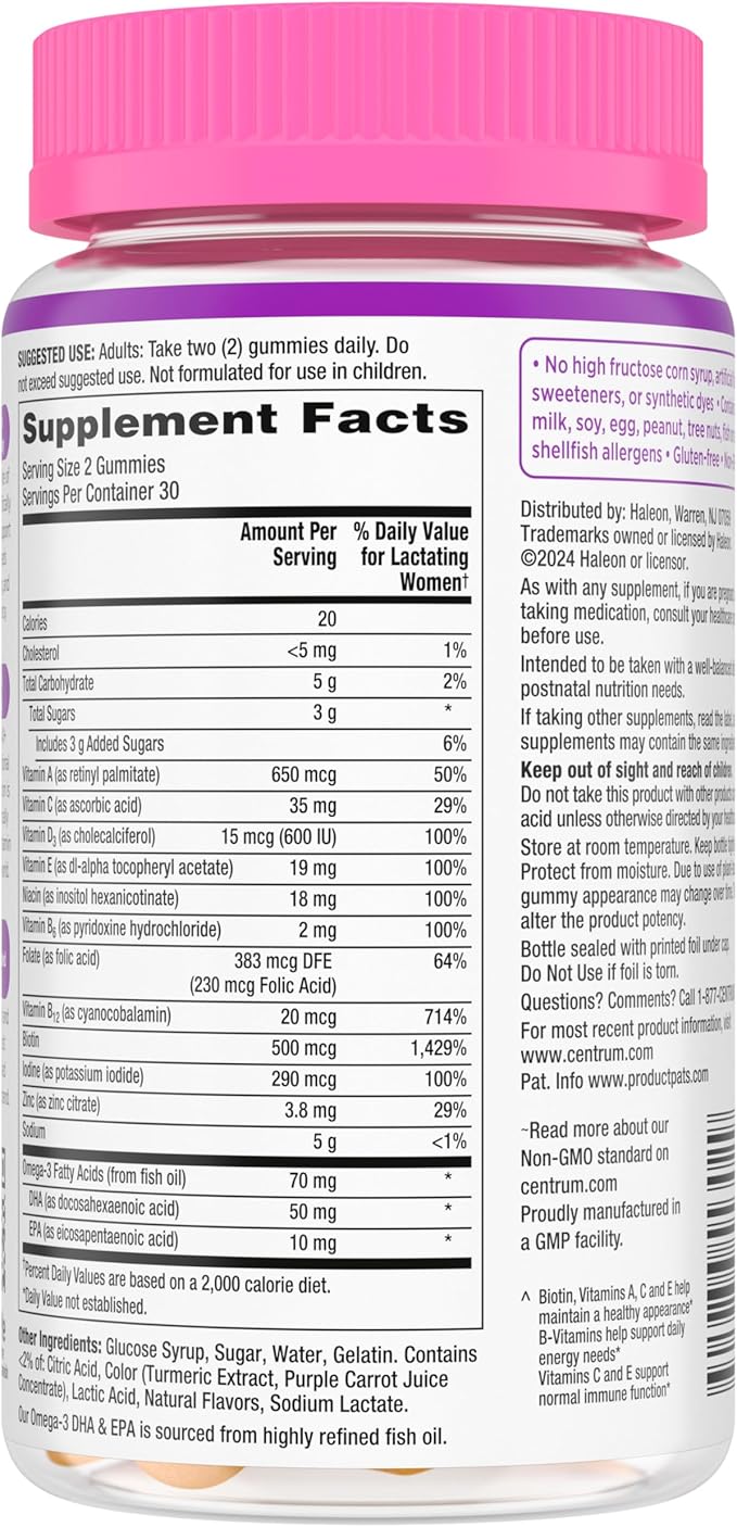 Centrum Postnatal Multivitamin Gummies with Biotin and DHA, Mixed Berry and Lemon Flavors - 60 Count, 30 Day Supply