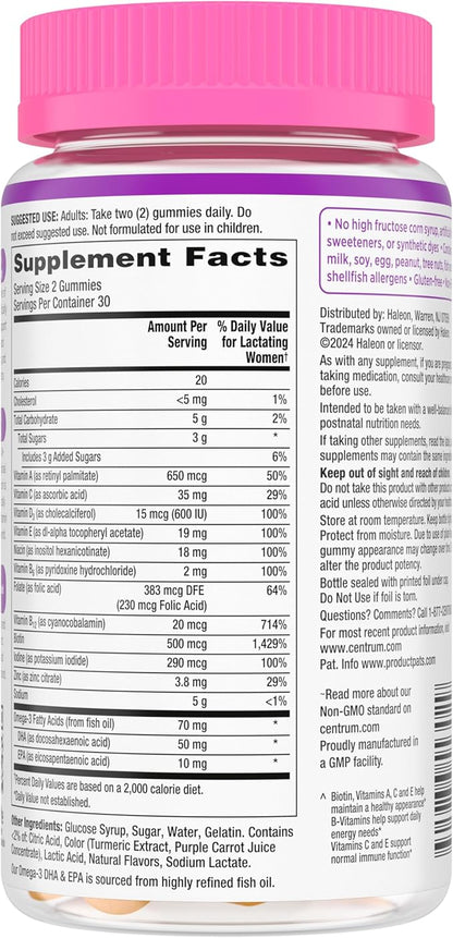 Centrum Postnatal Multivitamin Gummies with Biotin and DHA, Mixed Berry and Lemon Flavors - 60 Count, 30 Day Supply