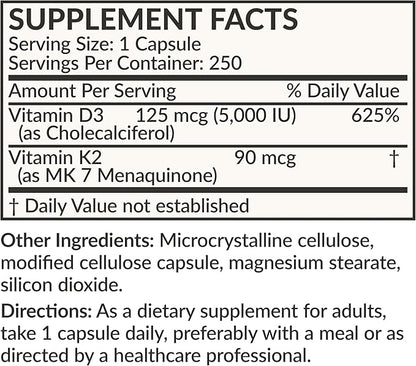Futurebiotics Vitamin K2 (MK7) with D3 Supplement - Non-GMO Formula - 5000 IU Vitamin D3 & 90 mcg Vitamin K2 MK-7, 250 Vegetarian Capsules