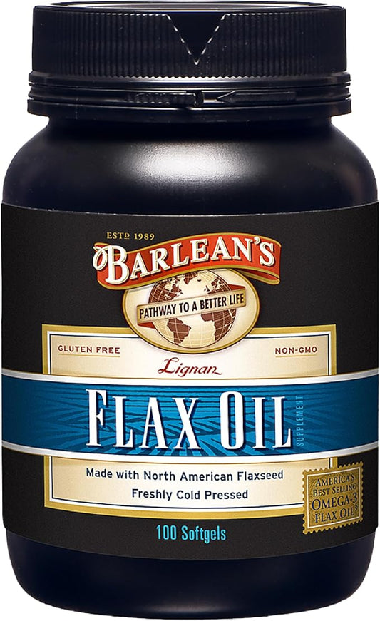Barlean's Lignan Flaxseed Oil Softgels, Cold-Pressed Flax Seed Supplement with 1,550 mg ALA Omega-3 Fatty Acids, 1000mg, 100 ct