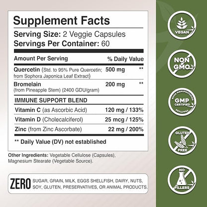 Gade Nutrition Quercetin with Vitamin C and Zinc - Quercetin 500mg - Quercetin with Bromelain - Zinc Quercetin - Quercetin Supplements + Vitamin D3 (Non-GMO, Gluten-Free, Vegan) - 4 Month Supply