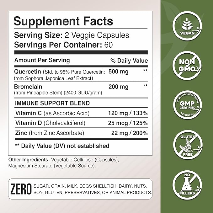 Gade Nutrition Quercetin with Bromelain Vitamin C and Zinc Vitamin D3 | Immune Support Supplement in Capsules | Non-GMO, Gluten-Free, Vegan | Made in The USA | 2 Month Supply