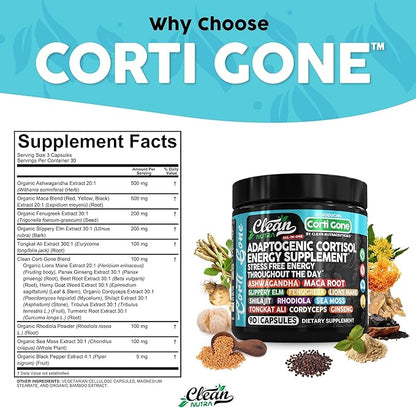 Corti Gone Cortisol Supplements For Women | Maca Root Ashwagandha Cortisol Detox Manager Reducer + Slippery Elm Fenugreek Lions Mane Shilajit Rhodiola Sea Moss Tongkat Ali Cordyceps Ginseng Beet Root
