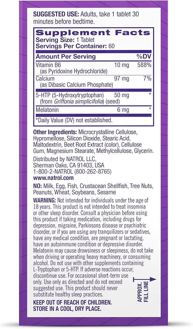 Natrol Advanced Sleep Melatonin + 5HTP, 6mg, Calming Sleep Aid for Restful Sleep, 60 Time-Release Tablets, 60-Day Supply (Pack of 12)