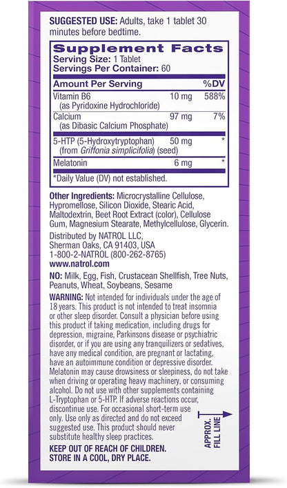 Natrol Advanced Sleep Melatonin + 5HTP, 6mg, Calming Sleep Aid for Restful Sleep, 60 Time-Release Tablets, 60-Day Supply (Pack of 12)