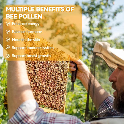 Bee Pollen Gummies with 1000mg Bee Pollen,300mg Royal Jelly,300mg Propolis,Calcium and Vitamin B6,C for People’s Skin,Immune,Energy,Honey Flavor (60 Count)