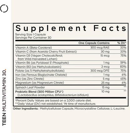 Codeage Teen Multivitamin - Vitamins A, C, D3, B6, B12, Folate, Zinc, Magnesium, Iron, Probiotics, Fermented Spinach - Multivitamins for Teenage Boys and Girls - Non-GMO, Gluten-Free - 30 Capsules