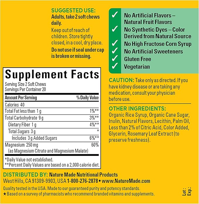Nature Made High Absorption Magnesium Complex Soft Chews, Magnesium Supplement for Muscle, Heart, Bone Support, Magnesium Citrate & Malate Blend 250 mg per Serving, 40 Vegetarian Chews, 20 Day Supply