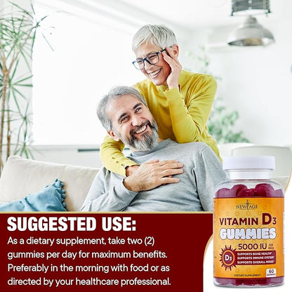 NEW AGE Vitamin D3 5000 IU 125mcg Gummies - Support Immune Support, Strong Bone Health - Non-GMO, Gluten-Free, Dairy-Free, No Gelatin (120 Gummies (Pack of 2))
