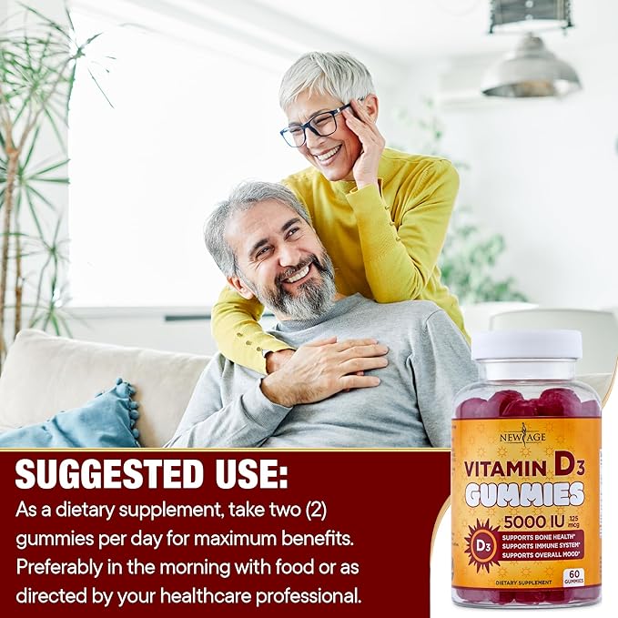 NEW AGE Vitamin D3 5000 IU 125mcg Gummies - Support Immune Support, Strong Bone Health - Non-GMO, Gluten-Free, Dairy-Free, No Gelatin (60 Gummies (Pack of 1))
