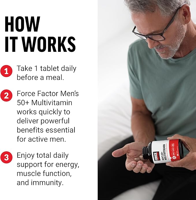 Force Factor Men’s Multivitamin 50 Plus, Multivitamin for Men with 26 Vitamins and Minerals, and Phytonutrients to Support Energy, Immunity, and Muscle Function, 60 Tablets