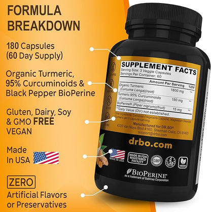 Turmeric Curcumin with BioPerine Supplement Capsules - Support Supplements with 1950mg Curcuma Longa Pure Organic Tumeric and Curcumin BioPerine Black Pepper - 180 Turmeric Pills