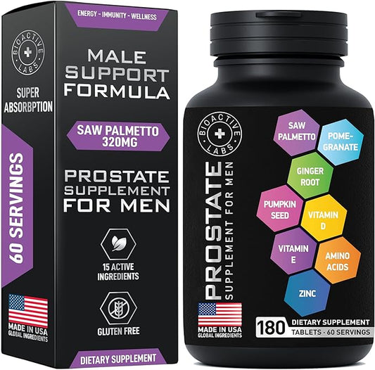 Prostate Health Supplements - Saw Palmetto for Men 320 mg, Pumpkin Seed Extract for Men's Health - 180 Prostate Supplement Tablets, 60 Serves