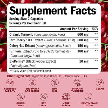 Turmeric Supplement with 10:1 Tart Cherry Extract, Turmeric Curcumin with Black Pepper & Organic Tumeric. 600mg Tart Cherry Capsules. Aids Uric Acid Balance, Joint, Muscle, Sleep Support. 60 Capsules