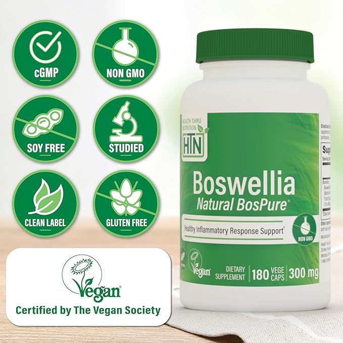 Health Thru Nutrition Boswellia 300mg 180 Capsules as Bospure AKBAMAX | High Potency 75% Boswellic Acids 10% AKBA | Healthy Inflammatory Support | Vegan Certified | Non-GMO Gluten Free Soy Free