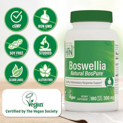 Health Thru Nutrition Boswellia 300mg 180 Capsules as Bospure AKBAMAX | High Potency 75% Boswellic Acids 10% AKBA | Healthy Inflammatory Support | Vegan Certified | Non-GMO Gluten Free Soy Free