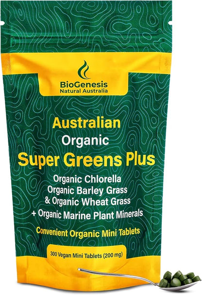Biogenesis Australian Organic SuperGreens Plus Chlorella, Barley Grass, Wheat Grass, Marine Plant Minerals Australia, Tablets (200 mg) (300 Count)