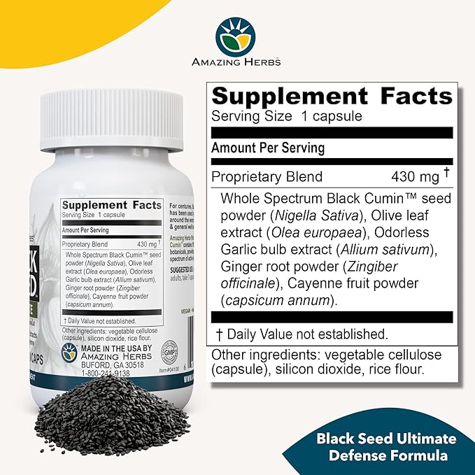 Amazing Herbs Whole Spectrum Black Seed Ultimate, Vegetarian Capsules - Olive Leaf & Garlic Extracts Plus Ginger & Cayenne, Gluten Free, Non GMO, Vegan - 100 Count