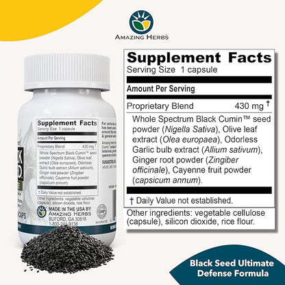 Amazing Herbs Whole Spectrum Black Seed Ultimate, Vegetarian Capsules - Olive Leaf & Garlic Extracts Plus Ginger & Cayenne, Gluten Free, Non GMO, Vegan - 100 Count