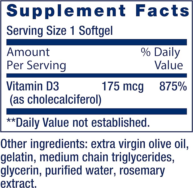 Life Extension Vitamin D3 175 mcg (7000 IU), Immune System Support, Bone Health, Brain Performance, Gluten-Free, Non-GMO, Once Daily, Two-Month Supply, 60 softgels