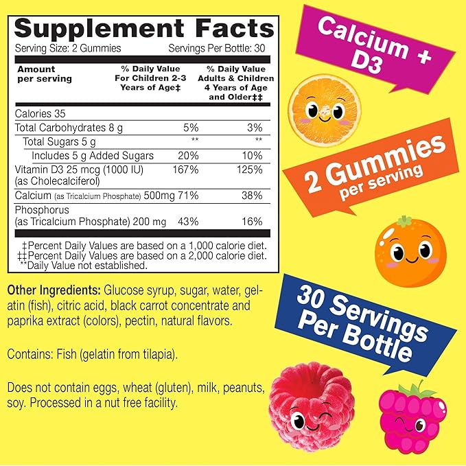 Calcium 500mg + Vitamin D3 1000 IU (25 mcg) Gummies for Kids - Bone Health and Muscle Supprt, Immune Support Gummy, Non GMO, Gluten Free, Mix Fruit Flavors - 60 Gummies