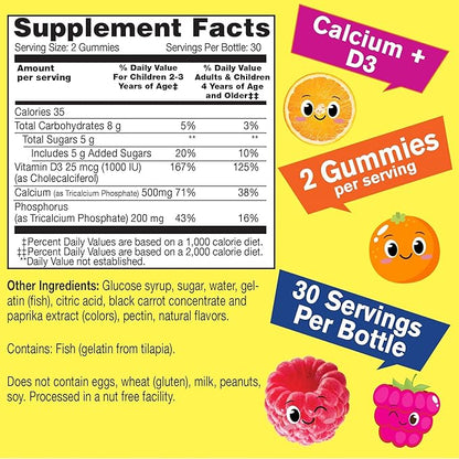 Calcium 500mg + Vitamin D3 1000 IU (25 mcg) Gummies for Kids - Bone Health and Muscle Supprt, Immune Support Gummy, Non GMO, Gluten Free, Mix Fruit Flavors - 60 Gummies