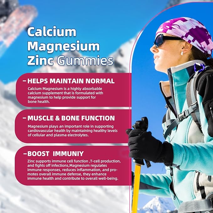 Calcium Magnesium Zinc Gummies with Vitamin D3 & K2 - High Potency Enhanced Absorption -60 Raspberry Gummies Flavored