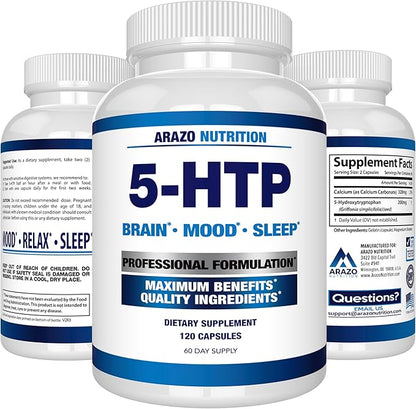 5-HTP 200 MG Plus Calcium for Mood, Sleep – Supports Calm and Relaxed Mood – 99% High Purity – 120 Capsules – Arazo Nutrition