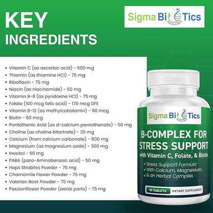 B Complex for Stress Support - Energy, Nerve & Mood Support with Vitamins, Minerals & Botanicals - Non-GMO, 90 Tablets for Relaxation