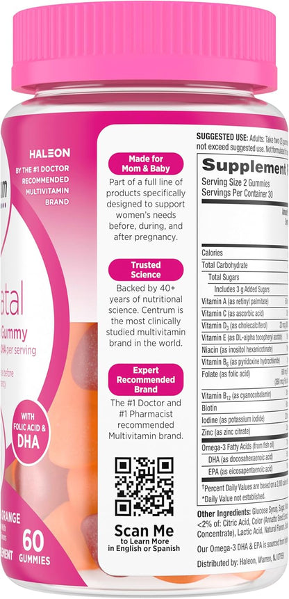 Centrum Prenatal Multivitamin Gummies with DHA and Folic Acid, Mixed Berry and Orange Flavors - 60 Count, 30 Day Supply