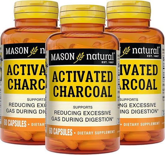 MASON NATURAL Activated Charcoal - Alleviates Gas and Bloating, Promotes Natural Detoxification, Highly Absorbent Supplement, 60 Capsules (Pack of 3)