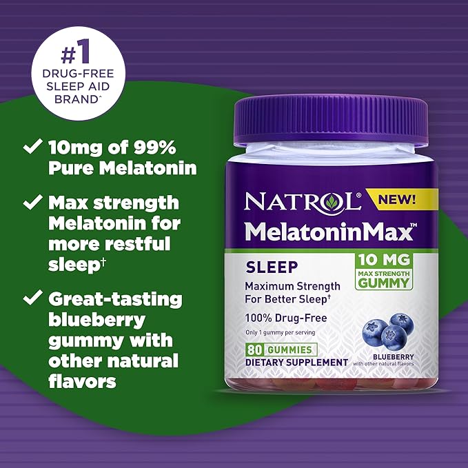 Natrol Melatonin Max Sleep Aid Gummy, 10mg per Gummy, Maximum Strength for Better Sleep, Drug Free & Gelatin Free, 80 Blueberry Flavored Gummies (Pack of 2)
