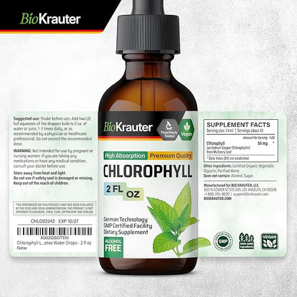 BIO KRAUTER Liquid Chlorophyll Drops - Cleanse & Immune Support - Internal Deodorant - Sodium Copper Chlorophyllin Extract Supplement - 2 fl oz