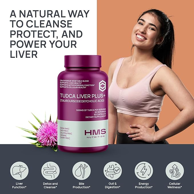 TUDCA Liver Plus+, Supports Liver Cleanse Detox & Repair, Supplement with Milk Thistle Seed Extract, Vitamin B12, Folate, & Cruciferous Vegetable Complex, 60 Capsules