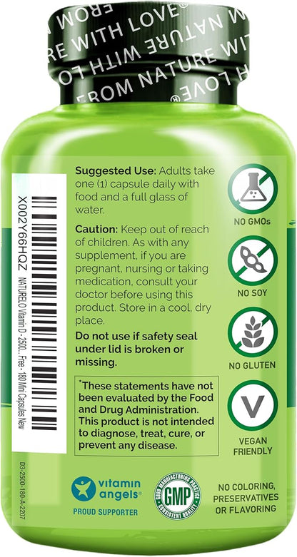 NATURELO Vitamin D - 2500 IU - Plant Based from Lichen - Natural D3 Supplement for Immune System, Bone Support, Joint Health - Vegan - Non-GMO - Gluten Free - 180 Capsules