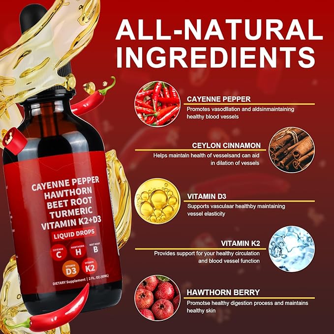 Cayenne Pepper Drops, Cayenne Pepper Hawthorn Beet Root Turmeric Curcumin, Vitamin K2 & D3, Cayenne Health Supplements, Gentle Formula, Vegan-Friendly, Easily Absorbed - 60ml