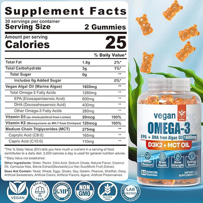 Vegan Omega 3 Gummies 1280mg + Vitamin D3 K2 (MK7), Omega 3 Fish Oil Alternative for Adults, w/Algae EPA 600mg & DHA 400mg, MCT Oil - No Fish Taste - for Brain, Eye, Immune Health, Sugar Free, 1 Pack