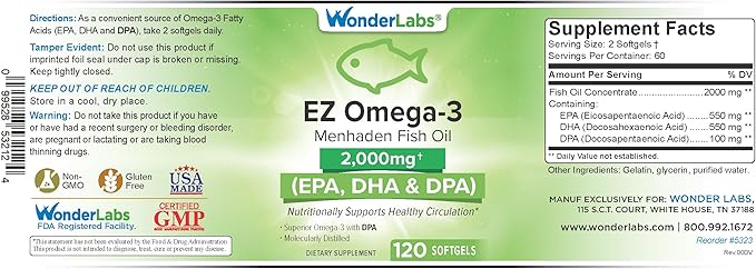 EZ Omega-3 Atlantic Menhaden Fish Oil Supplement 2000 mg, Burpless, Made in The USA, Perfect Balance of EPA+ DHA + DPA 120 Softgels