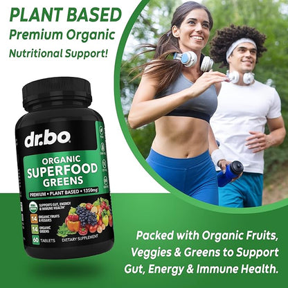Organic Superfood Greens & Fruit Supplements - Energy Super Food Fruits and Veggies Supplement Tablets - Daily Green Veggie Powder Blend Plus Vegetable Foods Alfalfa, Spinach, Cabbage & Spirulina Tabs