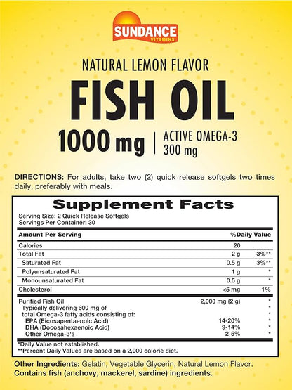 Sundance Fish Oil 1000mg | 60 Softgels | Natural Lemon Flavor | with Active Omega-3 | Non-GMO and Gluten Free Supplement