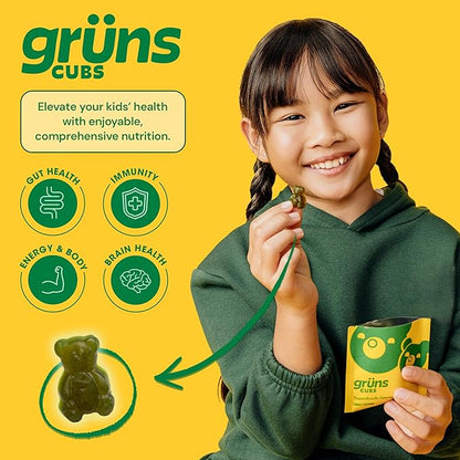 Gruns Kids Vitamins, Super Greens Gummies - Superfood Gummy Bears with Spirulina, Chlorella, Prebiotics Fiber for Digestive Health, Adaptogens Supplement with 20 Vitamins & Minerals, 28 Day Supply