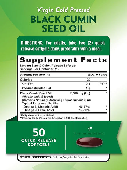 Nature's Truth Black Cumin Seed Oil 2000 mg | 50 Softgels | Cold Pressed Pills | Non-GMO, Gluten Free