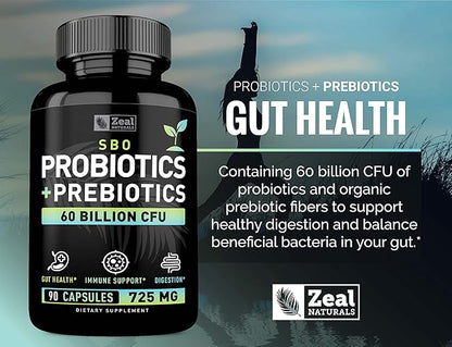 Probiotics and Prebiotics + SBO Probiotics (60 Billion CFU | 90 Capsules) Acidophilus Probiotic w. Saccharomyces Boulardii, Bifidobacterium + Spore Probiotic & Organic Sprouted Prebiotic Fiber Blend