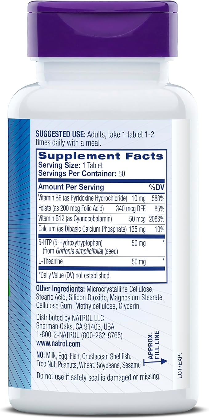 Natrol Mood Positive 5-HTP 50mg With L-Theanine, Vitamin B6, Vitamin B12 and Folate, Dietary Supplement Helps Support a Positive Mood, 50 Tablets, 25-50 Day Supply (Pack of 12)
