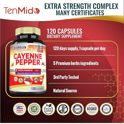 Cayenne Pepper Supplements Extract Capsules, 4 Months Supply with Ginger, Turmeric Curcumin, Tulsi, Black Pepper - Supports Immune System, Promotes Digestive System Function - 120 Vegan Capsules