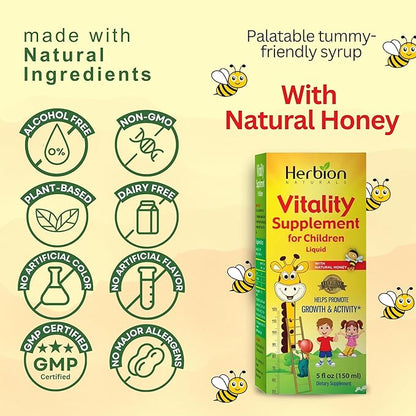 HERBION Naturals Vitality Supplement for Children, Promotes Growth and Appetite, Relieves Fatigue, Improves Mental & Physical Performance, for Kids 1 Year & Above, 5 Fl Oz (Pack of 1)